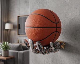 May include: A wall-mounted display holder shaped like a metallic, robotic hand with a weathered silver finish and gold-toned accents, securely cradling a textured orange basketball with black seams, mounted directly onto a gray concrete wall surface.