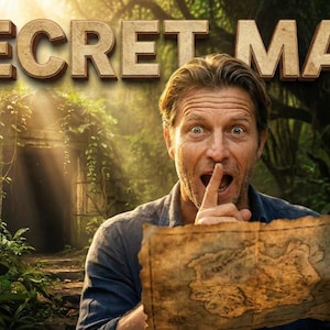 Könnte beinhalten: Das Bild zeigt den Text "SECRET MAP" in großen Buchstaben im Holzstil. Ein Mann hält eine detaillierte, alte Karte in einer Dschungelumgebung, mit überraschtem Gesichtsausdruck und Finger auf den Lippen.