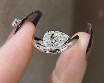Pear Cut Moissanite Engagement Ring, 925 Sterling Silver Solitaire Wedding Band