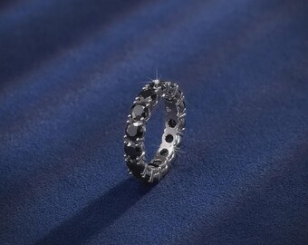 Sterling Silver Full Eternity Ring, Black Stones, Stackable Wedding Band