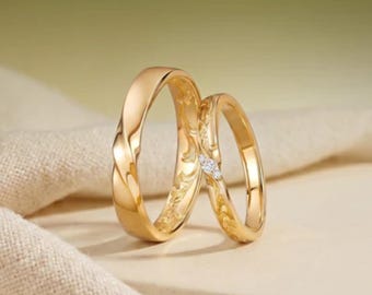 Gold Plated Sterling Silver Engraved Wedding Band Set, Minimalist His & Hers Promise Rings