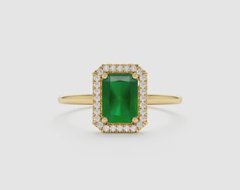 Emerald Cut Engagement Ring, Diamond Halo, Yellow Gold Vermeil, May Birthstone Jewelry