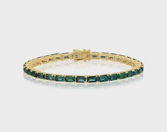 Emerald Cut Tennis Bracelet, Baguette Green Gemstone, Yellow Gold Vermeil, May Birthstone Wedding Jewelry