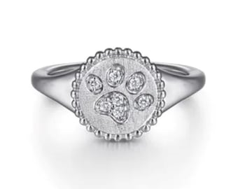 Sterling Silver Paw Print Ring, Diamond Accents, Pet Memorial Jewelry