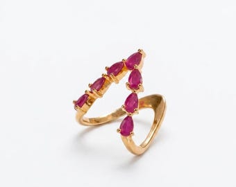 Vergoldeter Sterling Silber Offener Wickelring - Birne Marquise Rubin Edelstein Statement Schmuck
