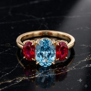 Oval Aquamarine Ruby Three Stone Ring | Vintage Inspired Gold Statement Ring