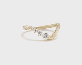 Curved Moissanite Ring, Gold Plated Sterling Silver V Band, Minimalist Stackable Wedding Ring