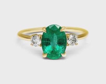 Oval Emerald Three-Stone Ring, Moissanite Accents, Yellow Gold Vermeil Bridal Band