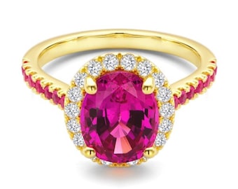 Oval Pink Sapphire Engagement Ring, Diamond Halo, Gold Band, Barbie Bridal Ring