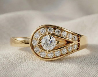 Moissanite Teardrop Halo Ring, Sterling Silver Split Shank Engagement Ring