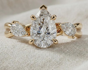 Pear Cut Moissanite 3-Stone Ring, Sterling Silver Gold Plated Bridal Band