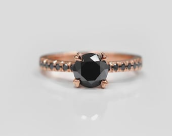 Black Onyx Engagement Ring, Rose Gold Sterling Silver, Minimalist Gothic Bridal Band