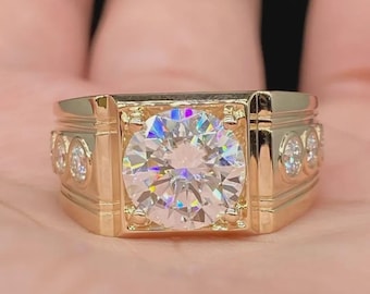 Men's Moissanite Signet Ring | Sterling Silver Gold Tone Square Cut Statement Ring