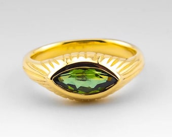 Marquise Emerald Cut Sterling Silver Ring, Vintage Gold Plated Statement Jewelry