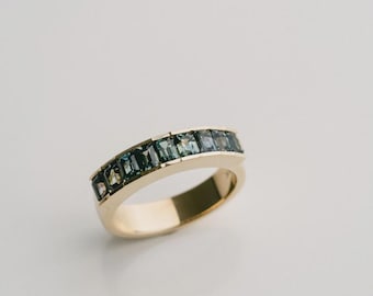 Emerald Cut Blue-Green Sapphire Band, 14K Gold Vermeil Men's Ring