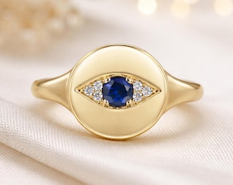 Evil Eye Sapphire Ring Moissanite Protection Minimal Gold Statement Ring