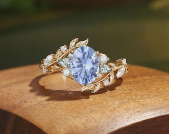 Blue Sapphire Moissanite Leaf Ring, Gold Plated Sterling Silver Engagement Bridal Jewelry