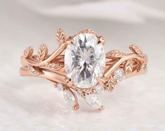 Oval Moissanite Leaf Engagement Ring, Rose Gold Vermeil on Sterling Silver Vine Bridal Set