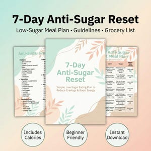 May include: A digital download titled "7-Day Anti-Sugar Reset" with a low-sugar meal plan, guidelines, and grocery list. The cover is light green with floral accents and includes the text "Includes Calories", "Beginner Friendly", and "Instant Download".
