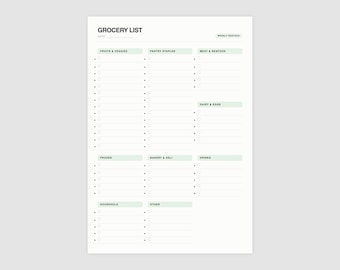 Könnte beinhalten: Eine weiße Einkaufsliste mit Abschnitten für Obst & Gemüse, Vorratsschränke, Fleisch & Meeresfrüchte, Milchprodukte & Eier, Tiefkühlkost, Bäckerei & Feinkost, Getränke, Haushalt und Sonstiges. Der Titel "Einkaufsliste" steht oben.