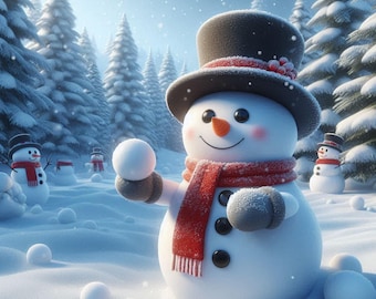 Schattige sneeuwpop winterillustratie | Gezellige kerstsneeuwpopkunst | Feestelijke sneeuwscène | Kerst digitale download | PNG JPG