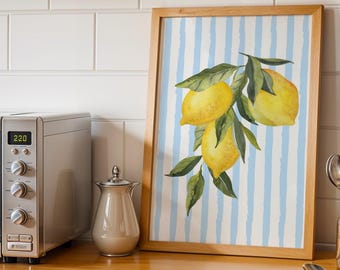 Striped Lemon Wall Art: Mediterranean Lemon Kitchen Decor, Digital Download