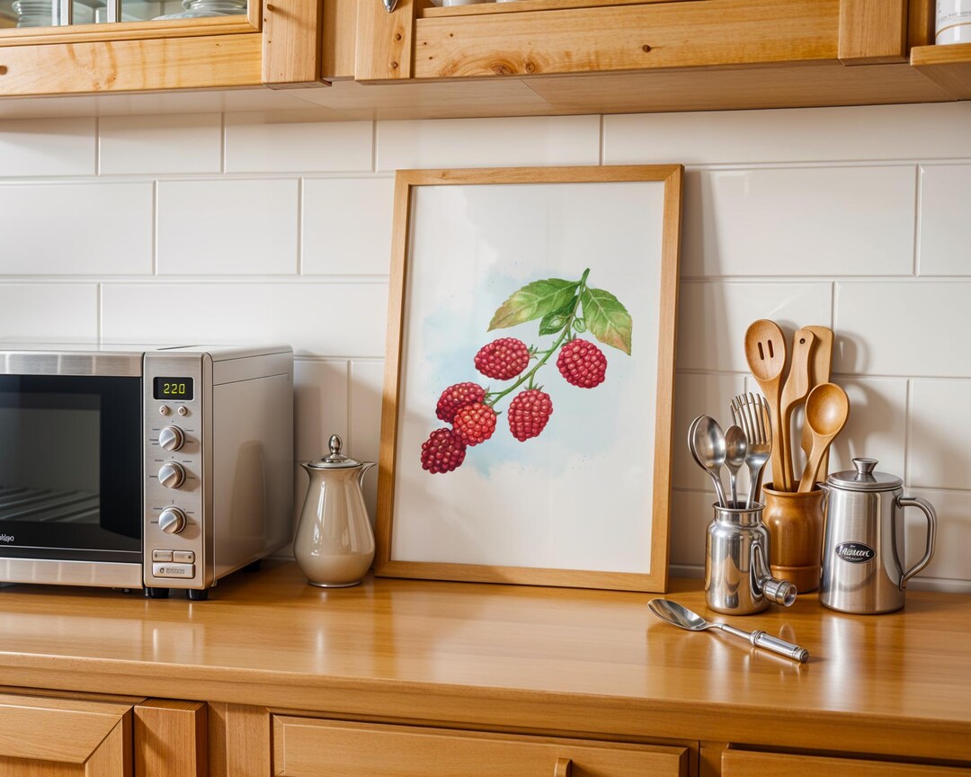 Vintage Raspberry Themed Decor Watercolor Raspberry Cluster Wall Art Print: Vintage Berry Botanical ...