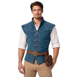 Flynn Rider Medeltida Cosplay Väst Blågrön Mocka med Läderbälte & Påse