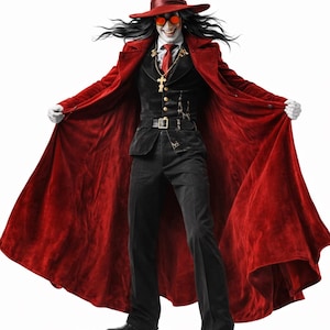 アルカード ヘルシング 究極の血のように赤いベルベットのオーバーコート、ゴシックヴァンパイアロングコート、クールなコスプレのための流れるようなドラマチックなデザイン