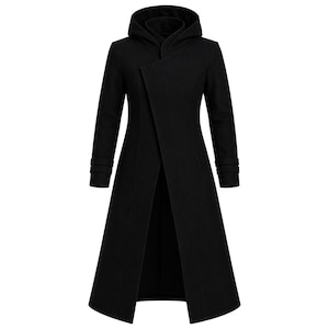 May include: A long, black hooded coat with an asymmetrical front. The coat has a tailored fit, long sleeves, and button details on the cuffs. The design includes a high collar and a split front, offering a modern and stylish look. The coat's length is approximately 140 cm.