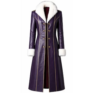May include: A long purple coat featuring a white faux fur collar and matching white faux fur cuffs. The coat has a double-breasted front closure with gold-toned buttons and vertical gold piping accents running down the length of the garment.