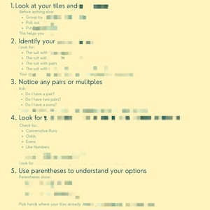 Puede incluir: Una infografía de color crema titulada "Pasos para elegir una mano en Mahjong". La guía describe los pasos para identificar y seleccionar manos, incluyendo la agrupación de fichas, la identificación de palos y la búsqueda de pares. El logotipo de Marni Mahj está en la parte inferior.