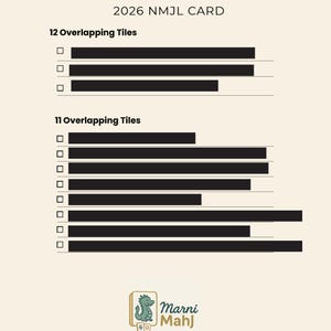 May include: A guide for the 2026 NMJL card, featuring a cream background with black horizontal bars representing overlapping tiles. The text reads "MARNI MAHJ PIVOT GUIDE TO THE 2026 NMJL CARD." The Marni Mahj logo is at the bottom.