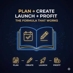 May include: An infographic with a dark blue background and yellow and blue neon-style graphics. The text reads "PLAN → CREATE, LAUNCH → PROFIT, THE FORMULA THAT WORKS." Below, icons represent each step: calendar, pencil, rocket, and coins.
