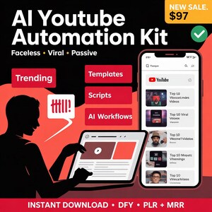 Może przedstawiać: Reklama zestawu automatyzacji YouTube AI. Obraz przedstawia laptopa i smartfona wyświetlającego filmy z YouTube, z tekstem „Trendy”, „Szablony”, „Skrypty” i „Przepływy pracy AI”. Widoczny jest również tekst „Natychmiastowe pobieranie”.
