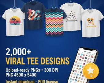 Mais de 2.000 designs virais de camisetas PNG SVG | Pacote Trend Pod | 4500×5400 escuro, claro, títulos e tags CSV, cofre de impressão sob demanda, pronto para você PLR