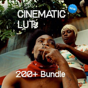 Puede incluir: Un anuncio de producto digital con el texto CINEMATIC LUTS y 200+ Bundle en una fuente blanca pixelada. La imagen muestra a dos personas, una con un pañuelo rojo y otra con una blusa blanca con estampado de frutas, frente a un fondo rústico.