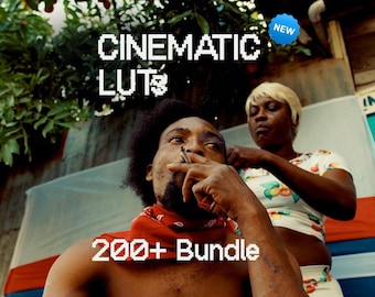 May include: A digital product advertisement featuring the text CINEMATIC LUTS and 200+ Bundle in a pixelated white font. The image displays two individuals, one with a red bandana and one wearing a white top with a fruit print, against a rustic backdrop.