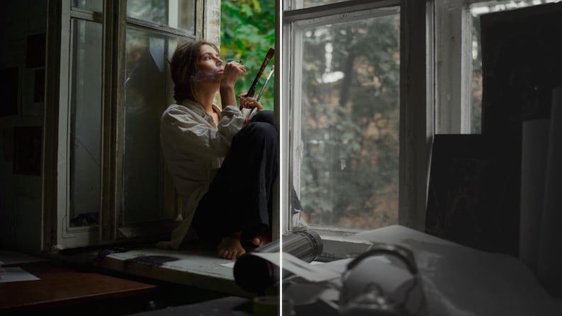 Puede incluir: Una persona sentada en una ventana sostiene un pincel y mira hacia arriba. La persona lleva una camisa blanca y pantalones negros. La ventana est&aacute; abierta, con vistas a &aacute;rboles verdes. La escena est&aacute; dividida, con una vista en blanco y negro de la ventana a la derecha.