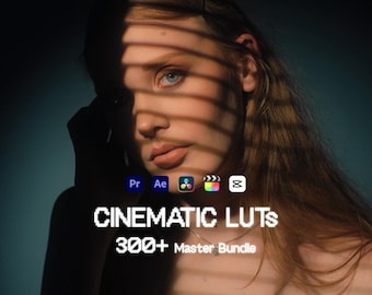May include: A woman's face is partially lit by sunlight filtering through blinds. The image features the text "CINEMATIC LUTS 300+ Master Bundle" with icons for video editing software. The background is a dark teal color.