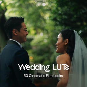 May include: A couple in wedding attire facing each other in a lush green outdoor setting. The text "Wedding LUTs" and "50 Cinematic Film Looks" is overlaid in white pixelated font across the center of the image.