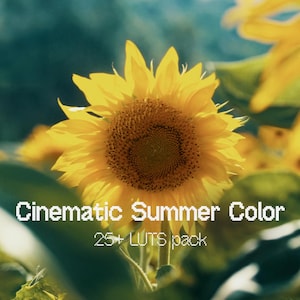 May include: A field of sunflowers in full bloom, with vibrant yellow petals and dark brown centers. The image has the text "Cinematic Summer Color" and "25+ LUTS pack" overlaid on the image.