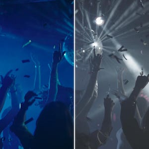May include: A vibrant nightclub scene with people raising their hands in the air. The image is split, with one side bathed in blue light and the other in white light. Confetti falls from above, and a disco ball is visible.