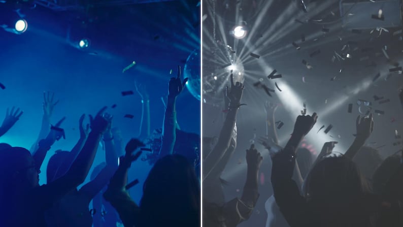 May include: A vibrant nightclub scene with people raising their hands in the air. The image is split, with one side bathed in blue light and the other in white light. Confetti falls from above, and a disco ball is visible.