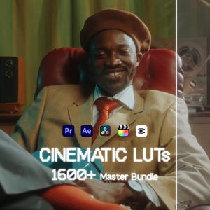 May include: A man in a tan suit and brown beret sits in a red leather chair. The image includes the text "CINEMATIC LUTS 1500+ Master Bundle" with software icons. A vintage television and a retro radio are visible in the background.