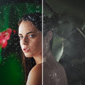 May include: A split image shows a person with water droplets on their face and body. The person is looking towards the viewer with a serious expression. The background features green foliage and a few red flowers, with water droplets in the air.