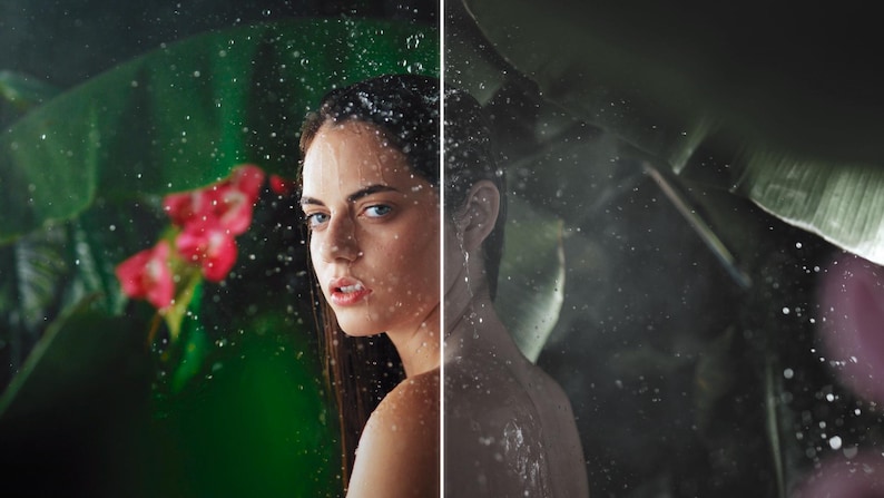 May include: A split image shows a person with water droplets on their face and body. The person is looking towards the viewer with a serious expression. The background features green foliage and a few red flowers, with water droplets in the air.