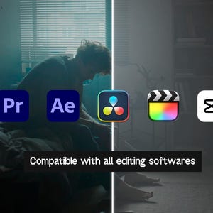 May include: Image showing logos for video editing software: Adobe Premiere Pro, Adobe After Effects, DaVinci Resolve, Final Cut Pro, and CapCut. The text "Compatible with all editing softwares" is displayed.