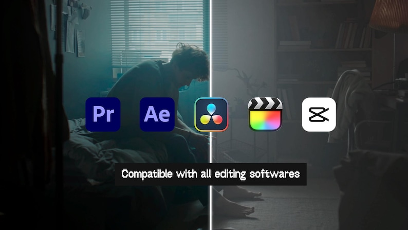 May include: Image showing logos for video editing software: Adobe Premiere Pro, Adobe After Effects, DaVinci Resolve, Final Cut Pro, and CapCut. The text "Compatible with all editing softwares" is displayed.