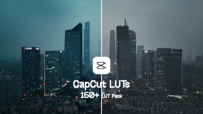 May include: A split image of a cityscape with skyscrapers under a cloudy sky. The left side is teal, the right side is grayscale. The CapCut logo and text "CapCut LUTs 150+ LUT Pack" are in the centre.
